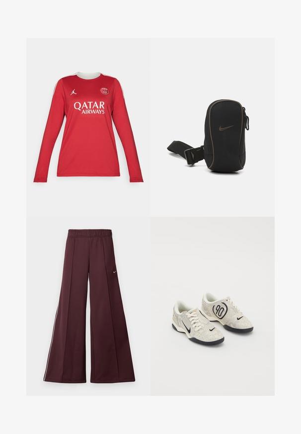 Punane pikkade varrukatega särk, mis on valmistatud sünteetilisest kangast, valge krae ja külgtriipudega, ning millel on Trükitud logod Qatar Airwaysi ja Pariisi jaoks.; Burgundia laiad püksid siledast kangast, millel on elastne vöökoht ja valged küljeribad. Vasakul reiel on väike Nike logo.; Nike spordijalatsid beeži ja halli tekstuuriga ülemise osa, mustade aktsentidega, suure "90" logoga ja valge sidumisega. Must tald.; Must musta Nike kott, millel on lukuga sulgemine, tekstuuriga kangas, pruuni tooni detailid ja eemaldatav rihm. Esiplaanil on silmapaistev Nike logo.