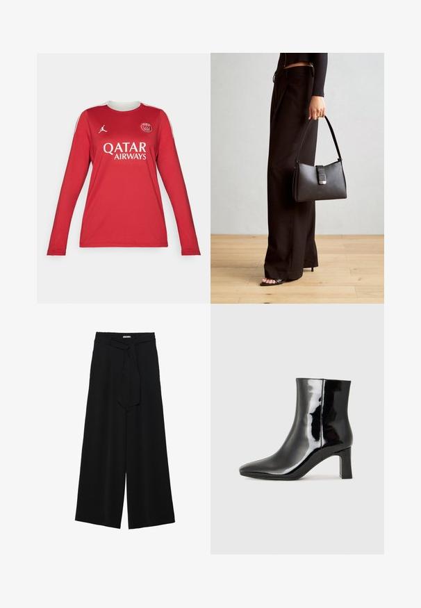 Raudonas ilgomis rankovėmis džersis, pagamintas iš sintetinės medžiagos, su balta apykakle ir šoninėmis juostelėmis, ant kurių išspausdinti logotipai Qatari Airways ir Paryžiaus.; Juoda plačių kojų kelnės, pagamintos iš tekstūruoto audinio, su elastingu juosmeniu ir atsegamu diržu juosmenyje, leidžiančiu reguliuoti dydį.; Juodos lakuotos odinės aulinukės su smailiu pirštu ir vidutinio aukščio blokuotu kulnu. Lygus paviršius ir minimalistinis dizainas.; Juodas rankinė struktūrizuota forma, lygi tekstūra ir metalinis užsegimas. Suporuota su plačiomis juodomis kelnėmis ir atvirais bateliais ant medinių grindų.