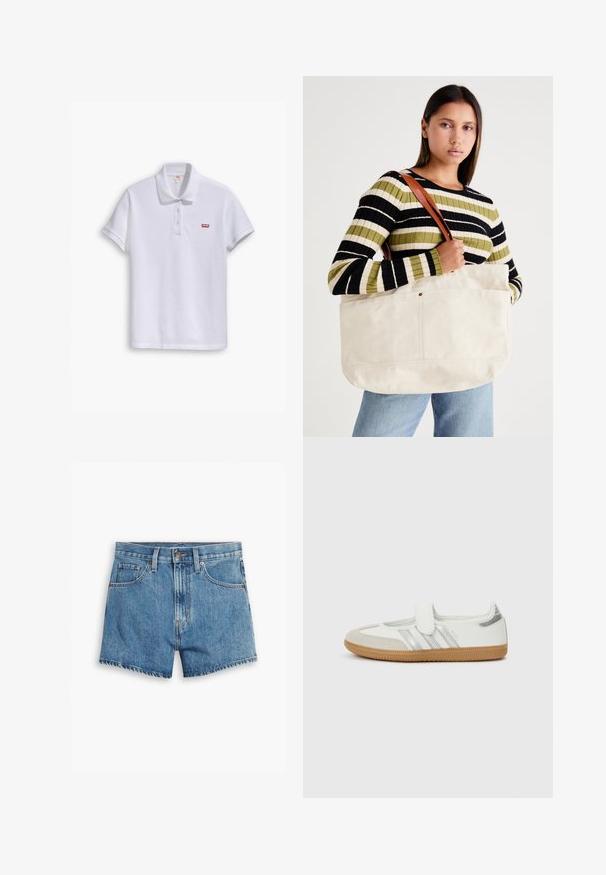 Witte polo shirt van katoen, met een klassieke kraag, een drie-knopen sluiting en een klein rood Levi's-logo op de linkerborst.; Lichtblauwe denimshorts met vijf zakken, een ritssluiting en een knoopsluiting. De zoom is rafelig en heeft een ontspannen pasvorm.; Witte sneaker met zilveren strepen, suède neuskap en klittenbandsluiting. Texturen gumrubberen zool. Minimalistisch ontwerp met een gladde afwerking.; Grote beige canvas draagtasje met bruine leren hengsels, met een minimalistisch ontwerp en zichtbare stikaccenten.