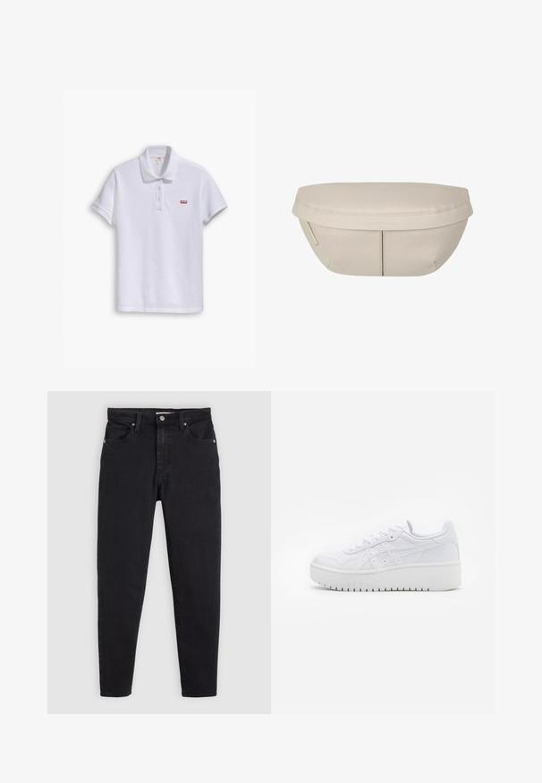 Witte polo shirt van katoen, met een klassieke kraag, een drie-knopen sluiting en een klein rood Levi's-logo op de linkerborst.; Zwarte slim-fit jeans met knoop- en ritssluiting, vijf-vakken ontwerp en ceintuurlussen op een lichtgrijze achtergrond.; Witte platform sneakers met een gladde leertextuur, geperforeerde details en platte veters; voorzien van een dikke witte rubberen zool.; Beige stoffen zakje met een afgeronde vorm, voorzien van een platte bovenkant en subtiele naaddetails. Inclusief een minimalistisch logo en een zijstrap.