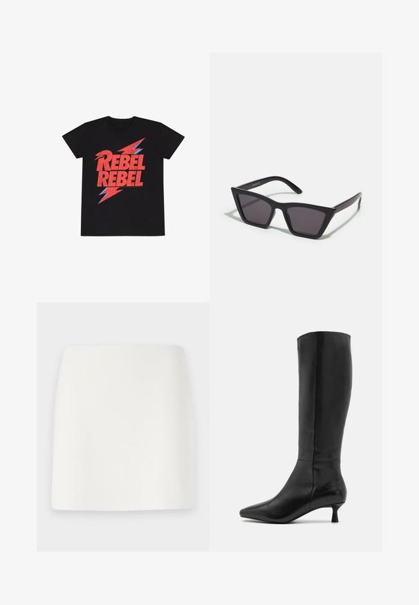 Czarny bawełniany t-shirt z wyraźnym, postarzanym czerwonym napisem "REBEL REBEL", ozdobionym niebieskimi grafikami błyskawic. Krótkie rękawy, okrągły dekolt.; Biała, dopasowana mini spódnica o gładkiej fakturze i prostych liniach. Brak widocznych wzorów i akcesoriów. Prosty dół.; Zign - Kozaki; Czarne, kanciaste okulary przeciwsłoneczne z szarymi soczewkami; wykonane z plastiku, z grubymi zausznikami o gładkiej powierzchni i bez widocznych elementów metalowych.; Czarna zamszowa kopertówka z zapięciem na zamek i odpinanym paskiem na nadgarstek. Wyposażona w elementy w kolorze złotym oraz gładką, matową fakturę.