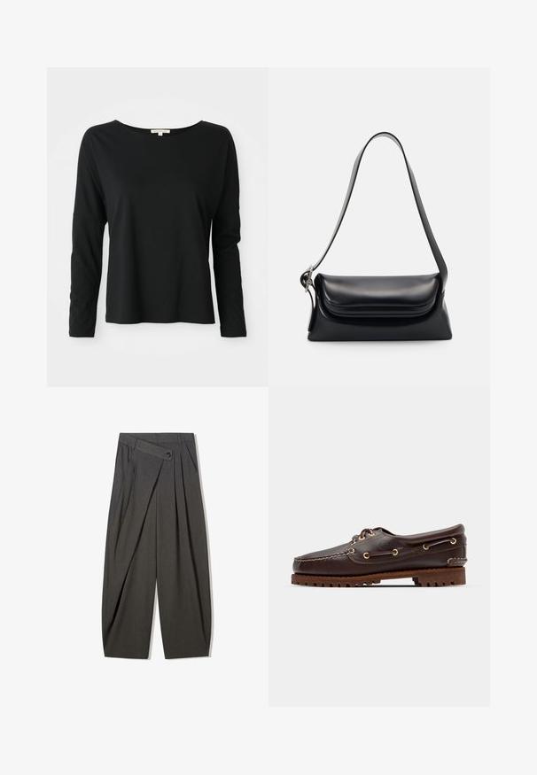 Zwart langemouwen crewneck shirt met een relaxte pasvorm en verlaagde schouders, weergegeven op een witte achtergrond.; Grijze geplooide broek met hoge taille, met een knoopsluiting en een brede pijpontwerp. Gemaakt van een soepele, geweven stof.; Bruine leren bootsschoen met gouden oogjes, ronde veters en een gestructureerde bruine rubberen zool. Kenmerkt zich door gestikte details en een verhoogd logo.; Zwarte leren handtas met een gestructureerde vorm, een gladde textuur en een enkele schouderband. Heeft een subtiele, afgeronde klepontwerp.