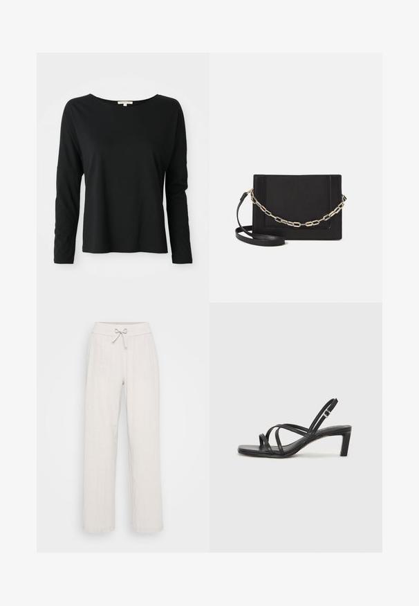Melna garām piedurknēm kreklu ar relaksētu piegriezumu un nolaižamajiem pleciem, attēlots uz baltā fona.; Gaiši pelēkas lina bikses ar plašu kāju dizainu, elastīgu jostasvīru un priekšējo saiti. Strukturēta auduma pievieno vizuālu interesi.; Melnas strappy sandales ar kvadrātveida purngaliem un zemu bloku papēdi. Ievērojamas ar vairākiem plāniem siksniņām un regulējamu potītes siksniņu. Izgatavotas no gludas ādas.; Melna ādas crossbody soma ar gludu faktūru, taisnstūrveida formu un metalizētu ķēdes detaļu priekšā. Iekļauta regulējama siksna.
