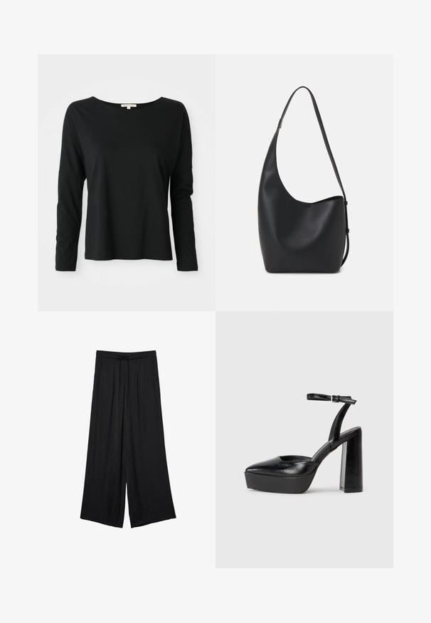 Sort langærmet crewneck t-shirt med afslappet pasform og sænkede skuldre, præsenteret på en hvid baggrund.; Sorte brede benbukser lavet af letvægtsstof, med elastisk talje og snørebånd. Glat tekstur, ingen synlige mønstre eller accentuer.; Sorte platformhæle med spidse tæer og justerbar ankelrem. Construeret i glat læder, med en kraftig blokhæl.; Sort læder hobo taske med en glat overflade, buet form og en enkelt justerbar rem; har en bred åbning øverst.