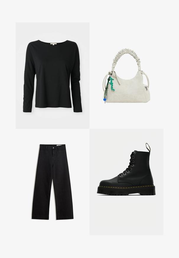 Sort langærmet crewneck t-shirt med afslappet pasform og sænkede skuldre, præsenteret på en hvid baggrund.; Sorte wide-leg denim bukser med høj talje, der har front- og baglommer, syede sømme og en knaplukning. Glat tekstur.; Sorte læder snørebånd ankle boots med en kraftig tekstureret gummisål og gule syninger omkring platformen.; Off-white faux læder håndtaske med rynket håndtag, lynlåslomme og grøn charme. Glat tekstur, diskret præglogo og elegant design.