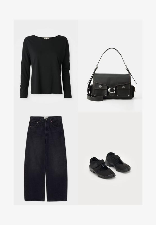 Černé triko s dlouhým rukávem a kulatým výstřihem, volného střihu a s nízkými rameny, vystavené na bílém pozadí.; Široké černé džíny z denimu s měděnými knoflíky, dvěma předními kapsami a hladkou texturou. Čistý design s rovný střih.; Černé vodní boty vyrobené z pružné tkaniny s suchým zipem, s jedinečným designem rozděleného prstu a texturovanou gumovou podrážkou pro lepší přilnavost.; Černá kožená kabelka se sklápěcí klopou, stříbrnými kovovými prvky, dvěma předními kapsami, kontrastním prošíváním a odnímatelným ramenním popruhem.