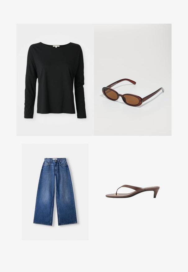 Sort langærmet crewneck t-shirt med afslappet pasform og sænkede skuldre, præsenteret på en hvid baggrund.; Bershka WIDE-LEG - Wide leg - dark blue; Brune hælflip-flop sandal med en slank rem og rund tåpost, der har et lille guldaccent på fodsengen.; Runde, bruntonede solbriller med en glansfuld bordeauxramme. Slanke arme med diskret brandingdetalje. Flad linsedesign.