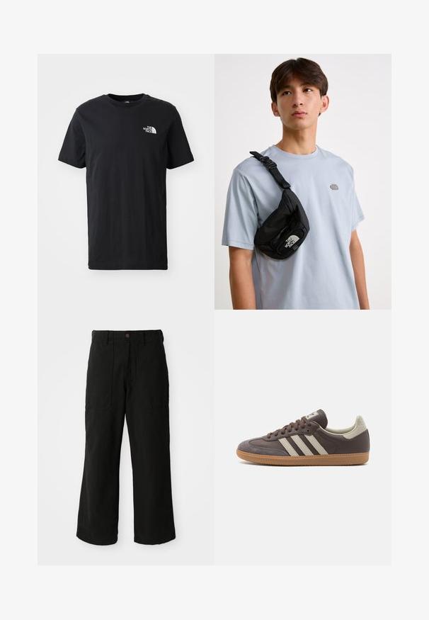 Tricou din bumbac negru, cu mâneci scurte, guler rotund, având un mic logo alb pe partea stângă a pieptului. Textură moale, croială lejeră.; Pantaloni negri cu termen larg, realizați dintr-un material moale, cu buzunare frontale și închidere cu nasture la talie. Design minimalist, fără modele vizibile.; Tenisi din piele maro cu trei dungi de culoare deschisă, talpă din cauciuc de tip gumă, vârf rotunjit și accente din suede texturat la călcâi și vârf.; Geantă de umăr din nailon negru, cu bretea ajustabilă, având un logo alb proeminent. Purtați peste un tricou bleu deschis. Design simplu și funcțional.