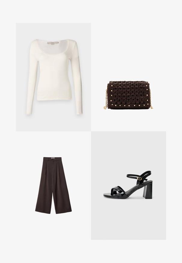 Dugi rukav, pripijeni gornji dio u krem boji s izrezom u obliku uvale i rebrastom teksturom. Tkanina izgleda mekano i rastezljivo, idealno za slojevito oblačenje.; Crne široke hlače s visokim strukom, s prednjim plisiranjima i kopčanjem na dugme u struku, izrađene od glatkog materijala.; Crne lakirane sandale na visokom potpetici s blok petom, s prednjim trakama u obliku križa i podesivom trakom oko gležnja s zlatnom kopčom.; Smeđa tkana torbica s teksturiranim finišom, zlatnim hardverom i ukrasnim čavlima duž rubova. Ima lančić za nošenje.