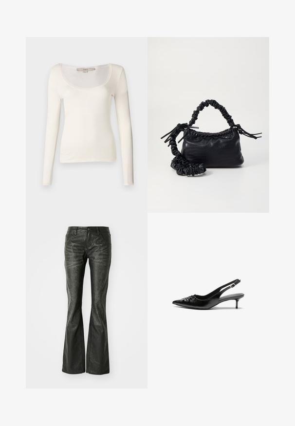 Dlhý rukáv, krémový priliehavý top s okrúhlym výstrihom a rebrovanou textúrou. Tkanina vyzerá mäkká a elastická, ideálna na vrstvenie.; Čierne faux kožené zvonové džínsy s prednými vreckami, kovovým zapínaním a mierne textúrovaným povrchom. Priamy strih s dlhým strihom.; Čierne kožené sandále na podpatku so špičatou špičkou, nízkym širokým podpätkom a nariaseným detailom na priehlavku. Hladká textúra a minimalistický dizajn.; Čierna umelá kožená kabelka s kroko vzorom, sťahovaným vrchom a zhnutým popruhom. Vyzerá mäkko a kompaktné v dizajne.