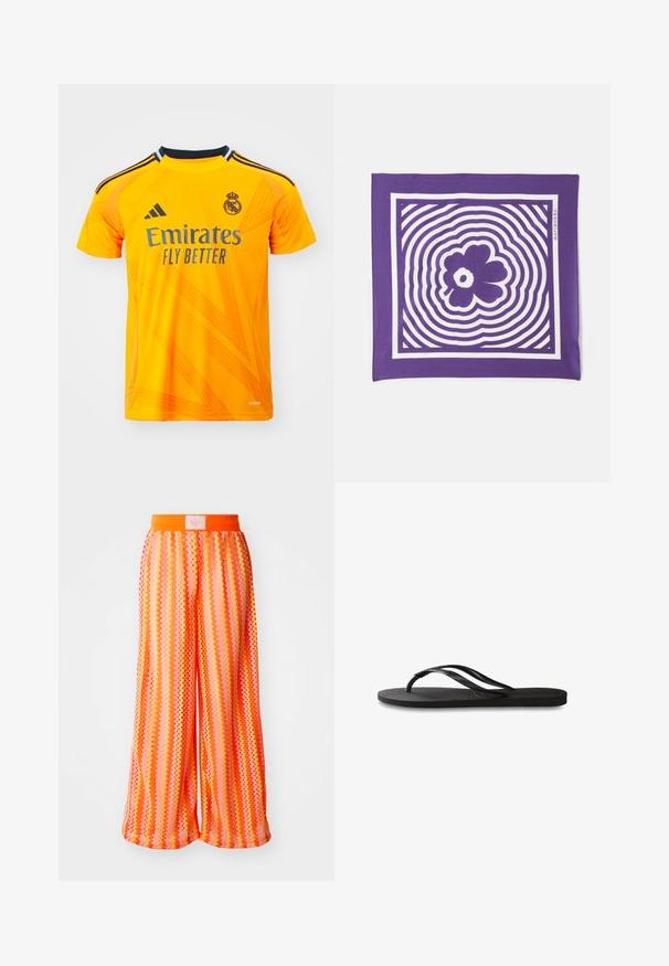 Oranžový športový dres vyrobený z priedušnej tkaniny, s krátkymi rukávmi, čiernymi akcentmi a štruktúrovanými diagonálnymi vzormi. Zobrazené logo 'Emirates Fly Better'.; Široké nohavice s cik-cak vzorom v živých odtieňoch oranžovej a ružovej, s elastickým pásom a logom na zadnej strane.; Čierne žabky s textúrovanou gumovou podrážkou, dvoma štíhlymi popruhmi a diskrétnym embosovaným logom na popruhu.; Fialová šatka v tvare štvorca so stredovým bielym kvetinovým vzorom, obklopená sústrednými vlnkovými vzormi. Hladká textúra látky.; Burgundská nubuková taška s hnedými koženými rukoväťami, s geometrickým švom a zlatým logom na spodnej strane. Priestranný a pevný tvar.