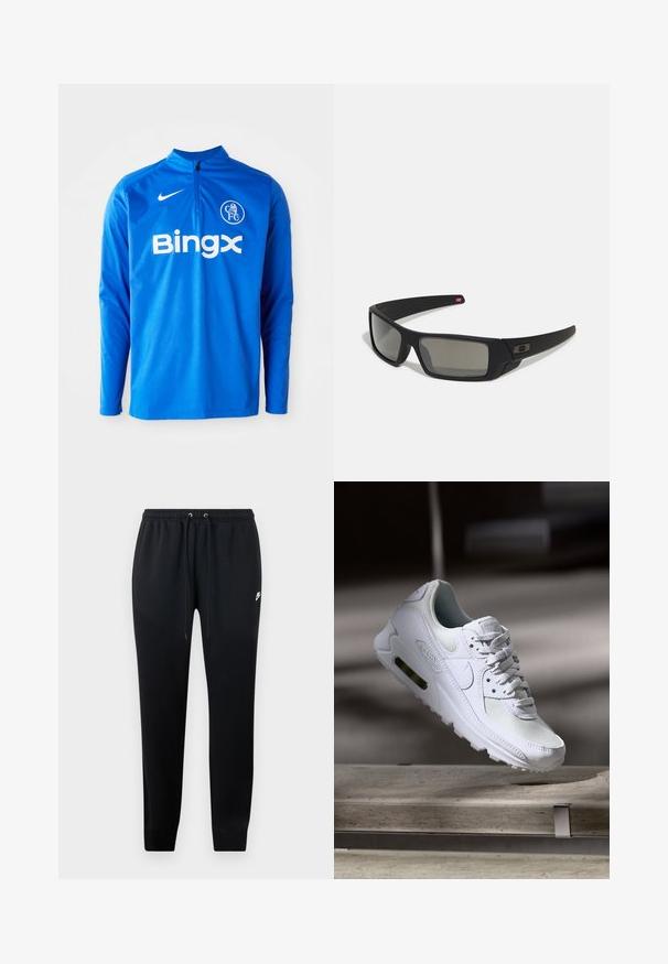 Mėlynas ilgomis rankovėmis sportinis viršus, pagamintas iš lengvos medžiagos. Savybė - pusiau užtraukiama apykaklė, "Nike" logotipas ir "Bingx" prekės ženklas priekyje.; Juodos sportinės kelnės, pagamintos iš minkštos medžiagos, su elastingu juosmeniu ir raišteliais, aptemptomis kulkšnėmis ir nedideliu logotipo akcentu šone.; Baltos Nike Air Max 90 sportbačiai su.comi ir odos viršumi, perforuota pirštų dėžute ir matomu oro pagalvėle kulne.; Juodi akiniai saulės su matinio paviršiaus užbaigimu, stačiakampiai lęšiai, švelnus lenkimas ant šventyklų, subtilus logotipo detalizavimas ir dūminiai lęšiai.; Juodas Nike maišelis su užtrauktuku, tekstūruota medžiaga, rudi akcentai ir nuimamas diržas. Priekyje matomas ryškus Nike logotipas.