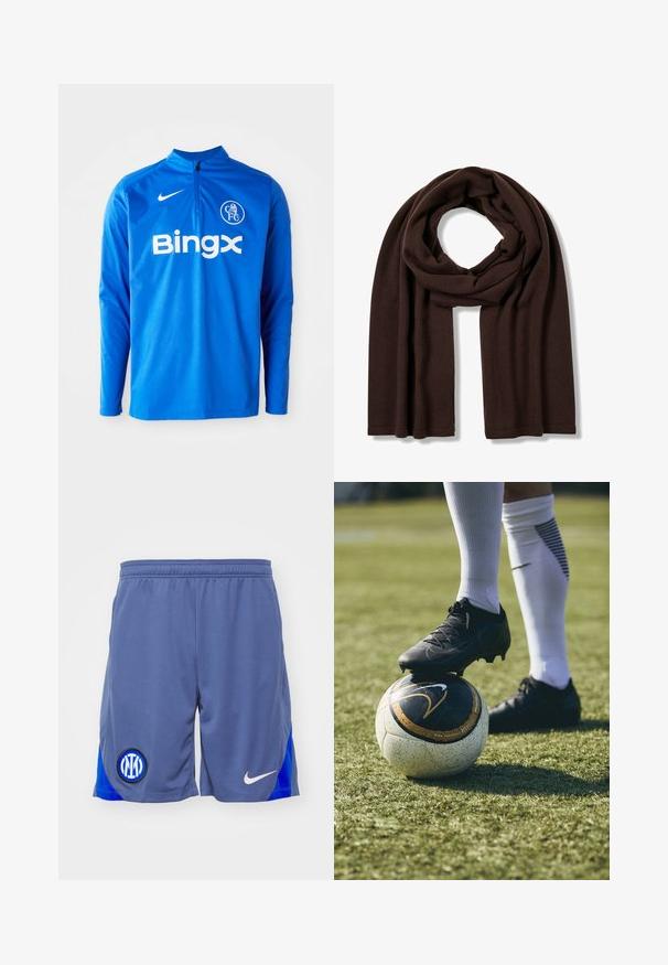 Blaues langärmeliges Sportoberteil aus leichtem Stoff. Mit einem halben Reißverschluss am Hals, Nike-Logo und "Bingx"-Branding auf der Vorderseite.; Graue Sportshorts mit einem blauen Seitenpanel, versehen mit einem schwarz-blauen Logo am linken Bein und einem weißen Nike-Swoosh auf der rechten Seite.; Schwarze Fußballschuhe auf einem weiß-schwarz gemusterten Fußball, der auf grünem Gras ruht. Der Schuh hat eine strukturierte Oberfläche und Schnürsenkel.; FALKE Basic Fine Knit Unisex - Schal - dark brown