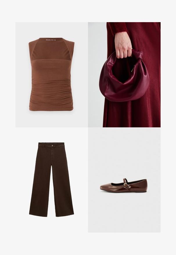 Top sin mangas de color marrón hecho de una tela elástica, con un diseño ajustado que presenta una textura fruncida a lo largo de los lados y un acabado suave en la parte delantera.; Pantalones de pierna ancha marrones en una mezcla de algodón, con un dobladillo deshilachado, cierre frontal de botón y diseño clásico de cinco bolsillos. Minimalistas y versátiles.; Bailarina de charol marrón con punta cuadrada y tira que presenta una pequeña hebilla dorada. Textura suave, tacón bajo y diseño minimalista.; Bolso de cuero burdeos con un diseño suave y recogido y una forma redondeada. La asa está asegurada, mostrando una textura lisa.