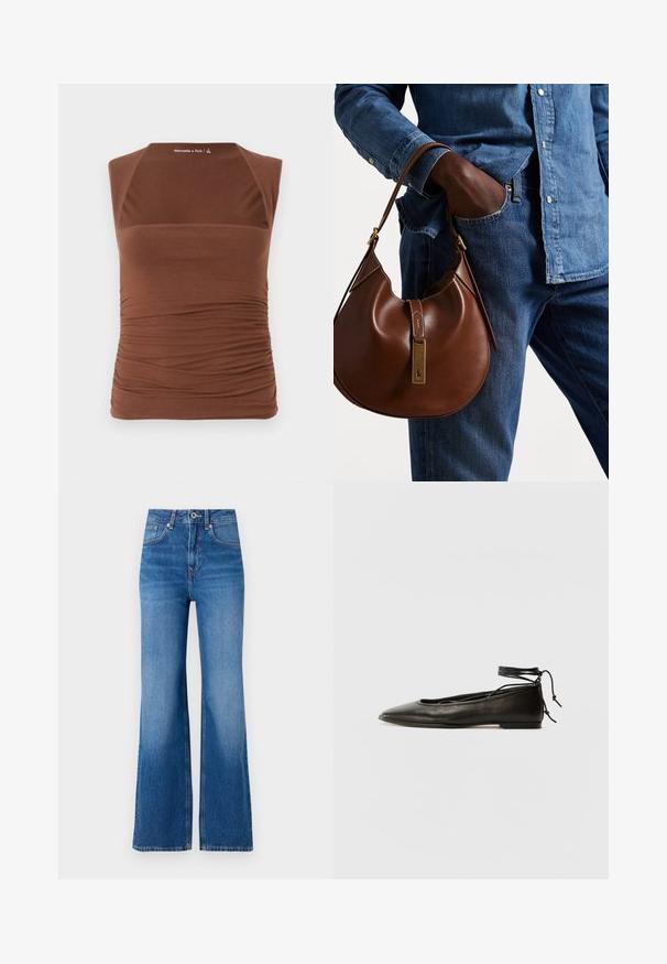 Brauner ärmelloser Oberteil aus elastischem Stoff, mit tailliertem Design und gerafftem Textur an den Seiten sowie einer glatten Oberfläche an der Vorderseite.; Hochtaillierte, weit geschnittene blaue Jeans aus Denim mit Reißverschluss, Knopfverschluss und subtilen Ausbleichungen entlang der Beine.; Schwarze Leder-Ballerinas mit spitzem Zehenbereich, Knöchelband und flacher Sohle, die eine glatte Textur und ein minimalistisches Design aufweisen.; Braune Leder-Hobo-Tasche mit runder Form, ausgestattet mit goldenen Hardware-Details und kontrastierenden Nähten. Kombiniert mit einem Jeanshemd und Jeans.