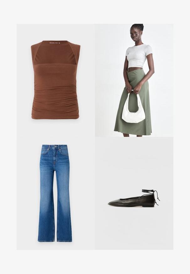 Bruine mouwloze top van rekbare stof, met een getailleerd ontwerp en geplooide textuur langs de zijkanten en een gladde afwerking aan de voorkant.; Wijdvallende blauwe denim jeans met een hoge taille, voorzien van een ritssluiting, een knoopsluiting en subtiele vervaging langs de benen.; Zwarte leren balletschoenen met een spitse neus, enkelbandje en platte zool, voorzien van een gladde textuur en minimalistisch ontwerp.; Grijs geribbelde crop top en olijfgroene hoge taille rok. Model houdt een witte schoudertas met uitsparingen vast. Eenvoudig ontwerp, aansluitende silhouet.