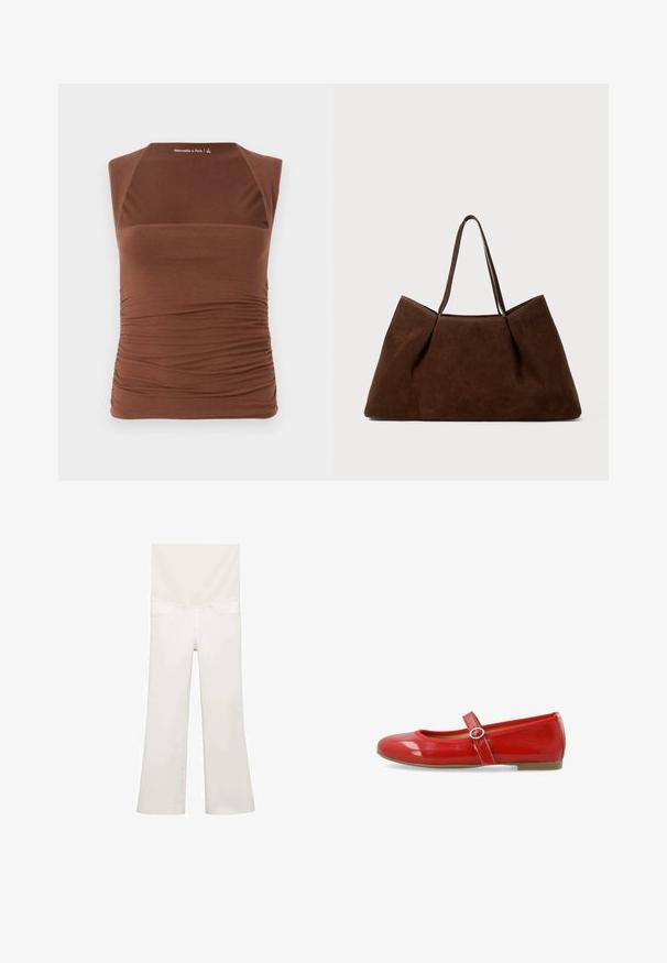 Brązowy bezrękawnik wykonany z elastycznego materiału, charakteryzujący się dopasowanym krojem z marszczoną teksturą po bokach oraz gładkim wykończeniem z przodu.; Białe dżinsy w kant z tyłu, o gładkiej fakturze, z dwiema tylnymi kieszeniami i subtelnymi detalami wzdłuż szwów.; Czerwone lakierowane baleriny z okrągłym noskiem, ozdobnym paskiem z okrągłą klamrą oraz gładkim, błyszczącym wykończeniem.; Brązowa zamszowa torba tote z dwoma uchwytami na ramię, pojemna, prostokątna forma i minimalistyczny design. Miękka tekstura o gładkim wykończeniu.