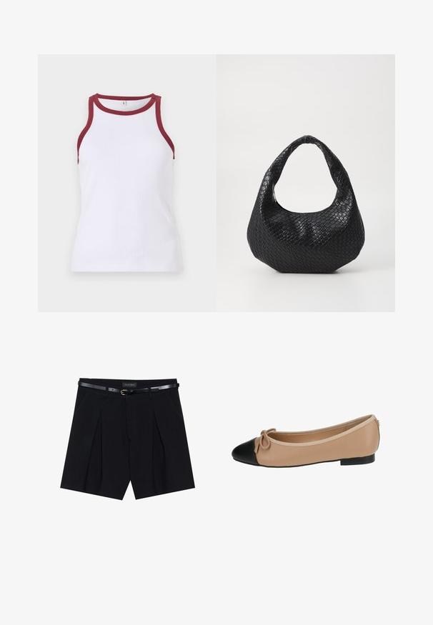 Valkoinen ribbipaita, jossa on kontrastivärinen marooni trimmi kaula-aukossa ja kädentieissä. Tiukka malli, jossa on sileä pinta ja siisti viimeistely.; Mustat mittatilaushousut, joissa on poimutukset, ja joissa on slim-tyylinen musta vyö kultaisella soljella. Valmistettu sileästä kankaasta, joka tarjoaa viimeistellyn ilmeen.; Beige nahka ballet-tossut, joissa on musta kärki. Ominaisuuksiin kuuluu edessä oleva nauhakulma ja sileä pinta. Matala profiili, jossa on kumipohja.; Mustan kudotun käsilaukun, jossa on kaareva kahva, teksturoitu pinta ja löysä muoto. Suora viimeistely, jolla on orgaaninen siluetti.