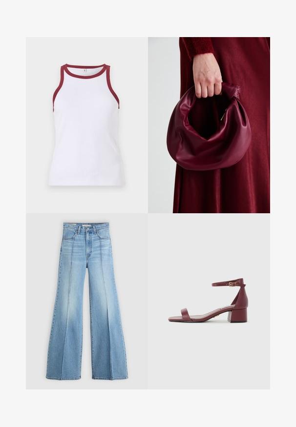 Top de tirantes blanco con detalles en burdeos en el escote y las sisas. Diseño ajustado con una textura suave y un acabado limpio.; Jeans de tiro alto en azul claro, con piernas anchas, bolsillos delanteros y traseros, pasadores para cinturón y detalles de costura vertical en la parte frontal.; Sandalia de cuero burdeos con punta cuadrada, fina correa en el tobillo, herrajes dorados y un chunky tacón cuadrado. Textura suave y diseño minimalista.; Bolso de cuero burdeos con un diseño suave y recogido y una forma redondeada. La asa está asegurada, mostrando una textura lisa.