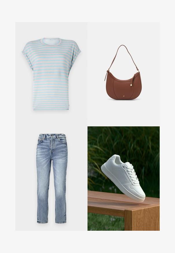 Tricou cu mânecă scurtă în dungi, de culoare albastru deschis și roz pastelat, cu o croială lejeră și țesătură moale, guler rotund și mâneci cu manșete.; Blugi din denim de culoare bleu deschis, cu croială dreaptă, talie înaltă, textură decolorată și cinci buzunare. Prezentă un sistem de închidere cu nasture metalic și fermoar.; Sneaker alb cu un upper sintetic neted, cu vârf perforat, șireturi plate și o talpă texturată, expus pe o suprafață de lemn.; Geantă de umăr din piele ecologică maro, cu o formă curbată, cusături minime și un accent din metal auriu. Are un închidere cu fermoar în partea de sus și o curea ajustabilă.