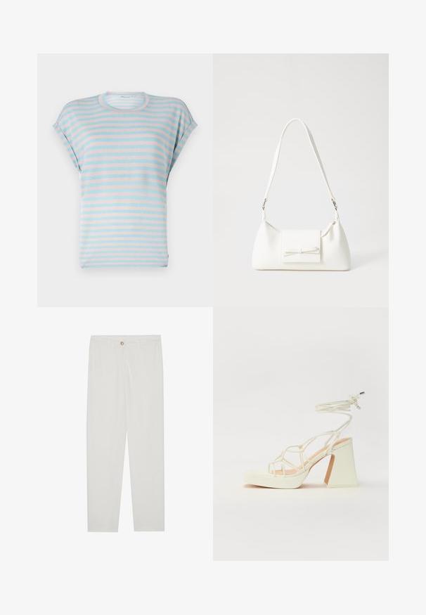 Ribaga lühikeste varrukatega t-särk helesinises ja pastellroosas värvitoonis, millel on mugav lõige ja pehme kangas, ümar kaelus ja mansettidega varrukad.; Valged kohandatud püksid sirge lõikega, varustatud nupuga kinnitusega, vöödega ja küljetaskutega; sile kangatekstuur.; Valged kõrge kontsaga sandaalid, millel on paks konts ja rihmadega disain koos pahkluu sidumisega. Sile tekstuur ja platvorm ees, et lisada kõrgust.; Valge sünteetilisest materjalist kott kolmnurkse kujuga, lame esiklapiga ja kaaredetailiga, reguleeritava rihmaga, sileda tekstuuriga ja minimalistliku disainiga.