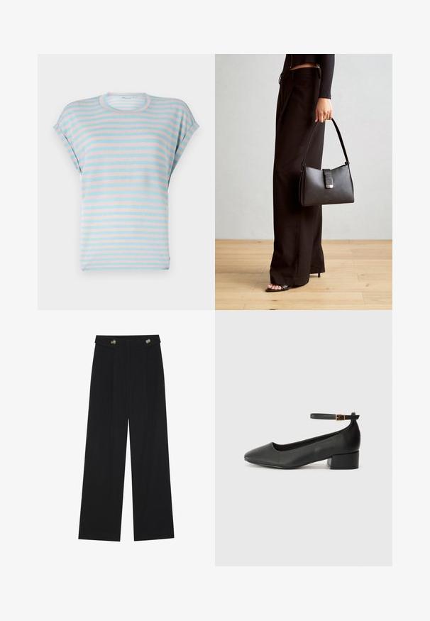 Striped short-sleeve t-shirt in light blue and pastel pink, featuring a relaxed fit and soft fabric, round neckline, and cuffed sleeves.; Black wide-leg trousers with high waist, button details on waistband, and front pleats.; Black leather pump with a pointed toe and a low block heel. Features an ankle strap with a gold-tone buckle. Smooth texture.; Black handbag with structured shape, smooth texture, and a metallic clasp. Paired with wide black pants and open-toe sandals on wooden floor.