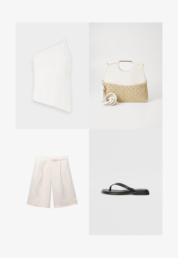 Top alb asimetric, cu un singur bretele, textură netedă, design ajustat și un aspect curat, minimalist. Fără modele sau accente suplimentare.; Pantaloni scurți bej din in, cu un croi larg, având pliseuri frontale și o talie netedă. Materialul are un finisaj ușor texturat.; Sandale negre din piele netedă, cu un design cu curea subțire și o talpă plată cu un profil minimalist. Fără modele sau accente notabile.; Geantă de mână din piele albă, cu un fund din țesătură crem cu textură împletită. Dispune de un mâner de culoare aurie și o curea albă spiralată pentru versatilitate.