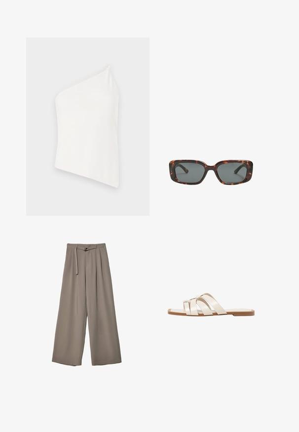 Asymetrický bílý top s jedním ramínkem, hladká textura, přiléhavý design a čistý, minimalistický vzhled. Bez dalších vzorů nebo akcentů.; Kalhoty s širokými nohavicemi v měkké, tlumené šedé látce, s páskem v pase a sklady pro přidaný designový detail. Hladká textura, bez vzorů.; Ploché sandály s hnědou gumovou podrážkou, navržené se třemi překrývajícími se bílými koženými řemínky a malým mašlí uprostřed.; Sluneční brýle ve stylu želvoviny s obdélníkovými čočkami, silnými rámy a tmavými zbarvenými čočkami. Hladký povrch a minimalistický design.