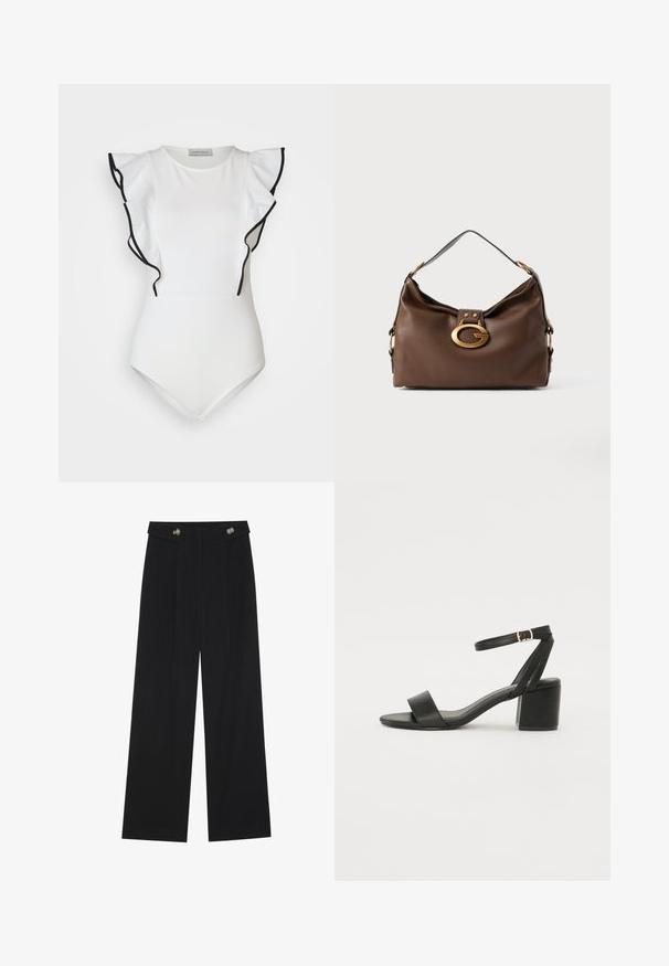 Balts bodijs ar volāniem apakšdelmiem, apvilkts melnā krāsā. Gluda auduma, apaļa kakla izgriezuma un pieguļošs dizains. Minimālistisks stils.; Melnas platās bikses ar augstu jostasvietu, pogu detaļām uz jostas un priekšējām krokām.; Melnas papēžu sērijas sandales ar gludu ādas virsmojumu, atvērtu pirkstu, platām priekšējām siksnām un regulējamu potītes siksnu ar zelta sprādzi.; Brūna ādas rokassoma ar teksturētu virsmu, kurai ir zelta toņa aparatūras sprādze un viena izliekta plecu siksna.