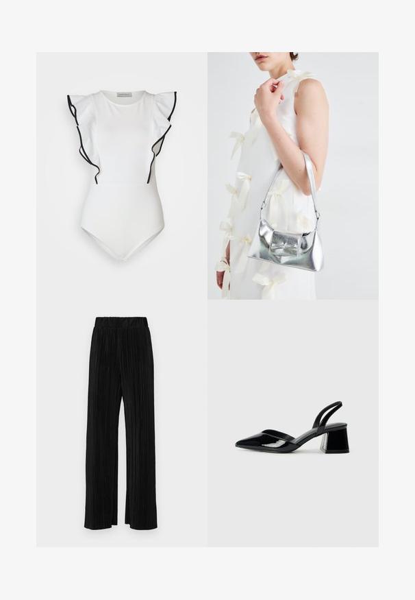Witte bodysuit met gerafelde mouwen in zwart omrand. Glad stof, ronde halslijn en aansluitend ontwerp. Minimalistische stijl.; Zwarte geplooide broek met een elastische tailleband. Beschikt over wijde pijpen en een glad, gestructureerd stof met verticale strepen.; Zwarte gepatineerde leren slingback hakken met een spitse neus en een geometrische blokhak. Kenmerkt zich door een slank, minimalistisch ontwerp en een gladde textuur.; Zilveren metallic handtas met een gestructureerde vorm, voorzien van een bovenhandvat en een strikdetail aan de voorkant. Gladde textuur, reflecterende afwerking.
