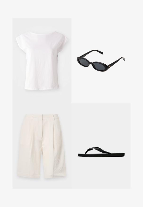 Vit kortärmad T-shirt i bomull med rund halsringning och lös passform. Inkluderar subtil logotypdetalj på bröstet.; Vita linnebyxor med skräddarsydd design, plisserad front och vida benöppningar. Slät textur och längd till mitten av låret.; Svart gummislip-in sandal med ett texturerat rem och enkel platt sula, visas från sidan på en enkel ljus bakgrund.; Svarta överdimensionerade solglasögon med ovala linser, slät plastbåge och guldaccent på bågarna. Mörka linser ger solskydd.