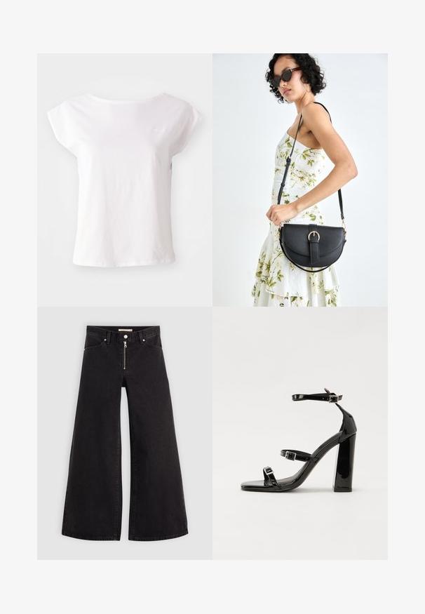 White short-sleeve T-shirt made of cotton, featuring a round neckline and a loose fit design. Includes subtle logo accent on the chest.; Wide-leg jeans in black denim with a zippered front, five-pocket design, and subtle stitching details. Smooth texture and casual style.; Black patent heeled sandals with a square toe, ankle straps, and silver buckles. Features a chunky block heel for stability.; Black leather handbag with a curved shape, detachable strap, and gold hardware. The bag features a flap with a buckle detail.
