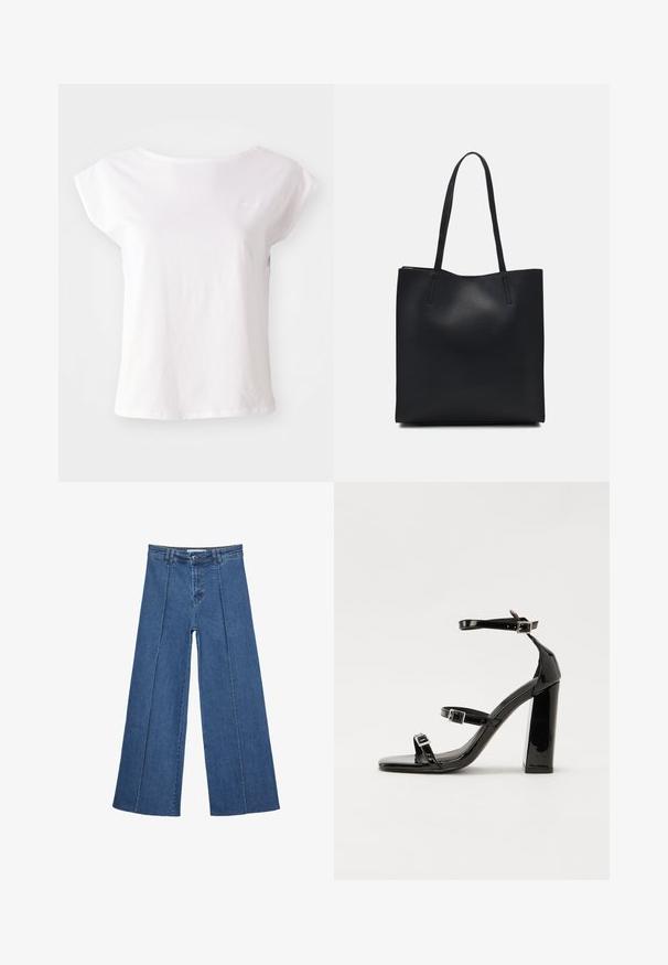 Biela tričko s krátkym rukávom vyrobené z bavlny, s okrúhlym výstrihom a voľným strihom. Obsahuje jemný akcent loga na hrudi.; Rovné džínsy s širokými nohavicami v strednom modrom odtieni, so zvýšeným pásom, zapínaním na gombík a kontrastnými vertikálnymi švami pozdĺž prednej strany.; Čierne lakované sandále na podpätku so štvorcovou špičkou, navlečenými remienkami okolo členku a striebornými prackami. Disponujú masívnym blokovým podpätkom pre stabilitu.; Čierna kožená taška na rameno s hladkým povrchom, obdĺžnikovým tvarom a dvoma dlhými uchami. Bez viditeľného kovania alebo ozdôb.