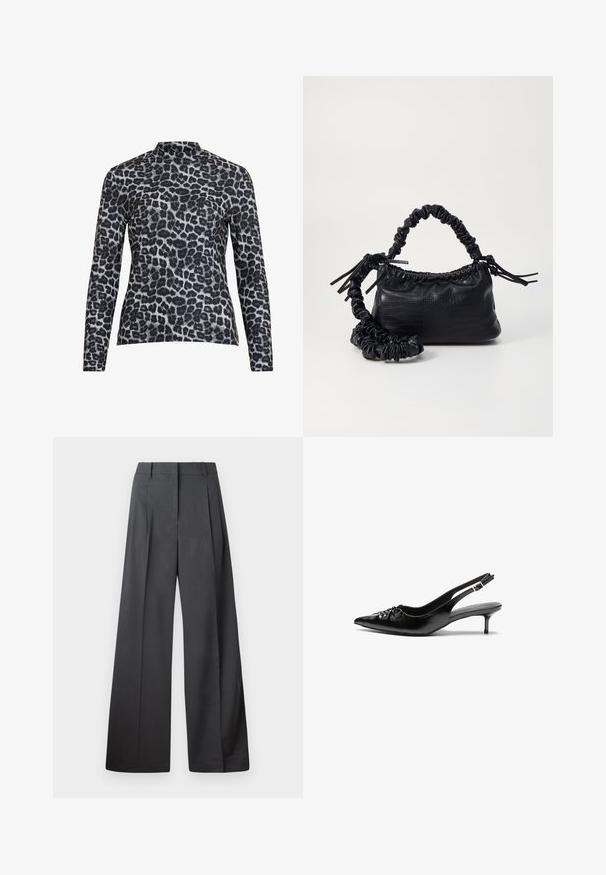 Top cu mânecă lungă, cu un gât înalt, realizat dintr-un material fin, cu un model de leopard în nuanțe de negru și gri.; Pantaloni culți din țesătură gri închis, cu talie înaltă, pliuri simple și o textură netedă, cu o finisare curată la tivuri.; Cizme slingback din piele neagră, cu vârf ascuțit, toc mic de tip kitten heel și un detaliu decorativ sub formă de nod în față. Textură netedă pe întreaga suprafață.; Geantă din faux leather neagră cu textură de crocodil, cu partea superioară strânsă și o curea mototolită. Pare moale și compactă ca design.