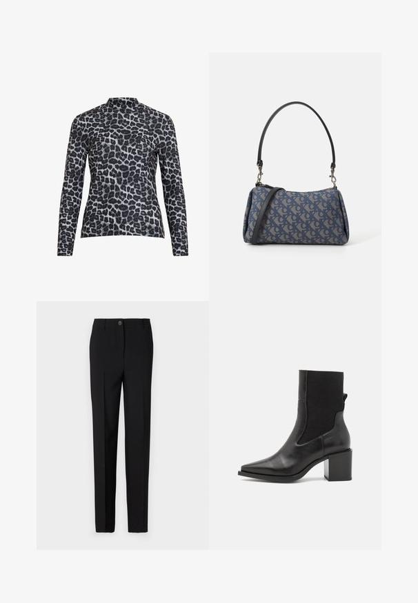 Lange mouw top met een hoge hals, gemaakt van een gladde stof in een zwart-groen panterprint patroon.; Zwarte op maat gemaakte broek met een recht toegegeven ontwerp, voorzien van een knoopsluiting en riemlussen, gemaakt van gladde stof.; Zwarte enkelboot met een spitse neus, gemaakt van soepel leer en elastische stof. Heeft een blokhak en een minimalistisch ontwerp.; Blauwe handtas met patroon van stof, met een gebogen vorm, zwarte leren schouderriem en logo ontwerp in een lichtere tint.