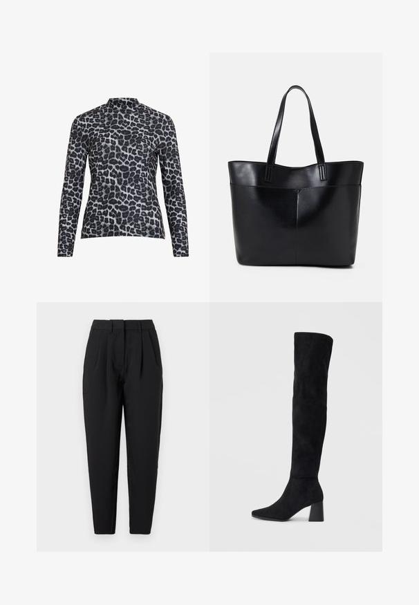Dlhý rukáv top s vysokým výstrihom, vyrobený z hladkej látky s čierno-sivým leopardím vzorom.; Čierne nohavice so strešným strihom, obsahujúce záhyby vpredu, hladkú textúru a bočné vrecká. Pás je štandardnej výšky.; Čierna semišová kozačka po kolená s blokovým podpätkom, špicatou špičkou a hladkým, bezšvovým dizajnom na jednoduchom svetlom pozadí.; Čierna kožená tote taška s dvoma dlhými rúčkami, hladkým povrchom a štruktúrovaným tvarom. Obsahuje prednú kapsu pre dodatočné uskladnenie.