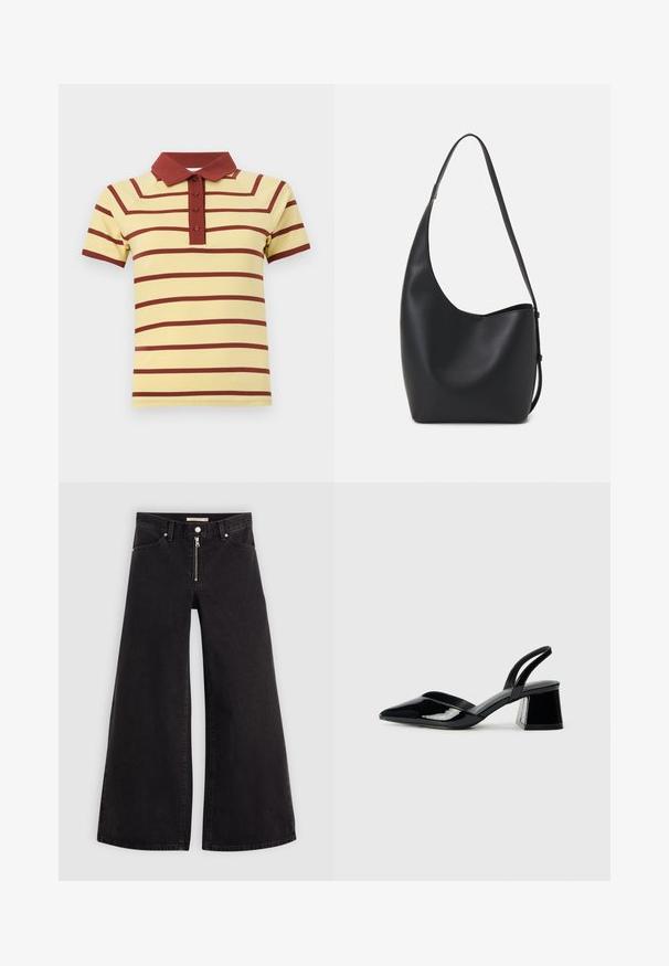 Geltona polo marškinėliai su bordo horizontaliomis rašiktėmis, veliūrinė apykaklė ir trys mygtukai. Trumpi rankovės su kontrastingais rankogaliais.; Plačios kojų džinsai iš juodo džinsinio audinio su užtrauktuku priekyje, penkių kišenių dizainu ir subtiliais siuvinėjimo akcentais. Lygus paviršius ir laisvalaikio stilius.; Juodos lakuotos odinės šlepetės su smailiu pirštu ir geometriniu bloko kulnu. Turi elegantišką, minimalistinį dizainą ir lygų paviršių.; Juodas odinis hobo maišas su lygiu paviršiumi, kreipta forma ir viena reguliuojama rankena; turi platų atidarymą viršuje.