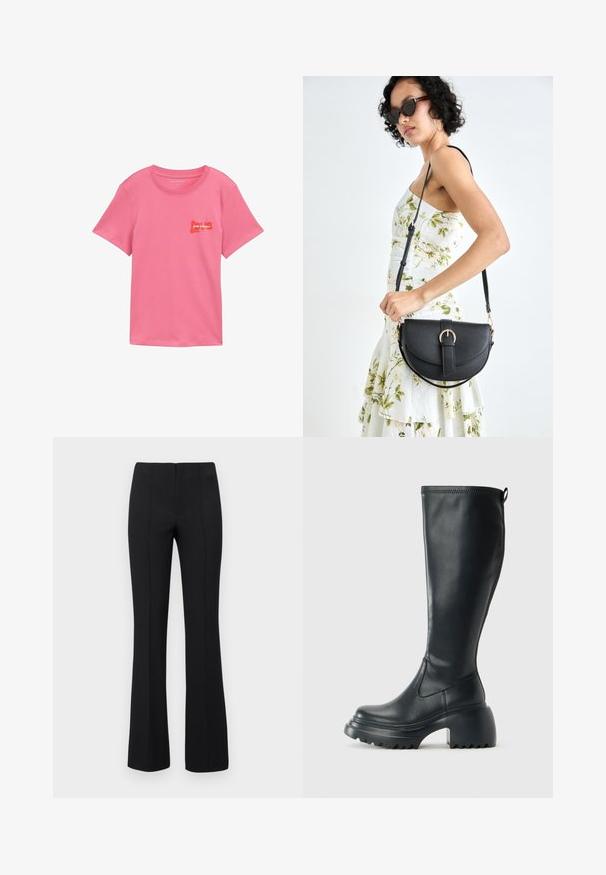 Tricou din bumbac roz cu mâneci scurte. Prezintă un design grafic roșu care inscripționează "pour toujours" și "love" pe față. Guler clasic de tip crew.; Pantaloni negri evazați cu o textură nervurată și talie ajustată. Designul include cusături verticale pentru un aspect elegant. Fără hardware vizibil.; Cizme lungi din piele neagră cu talpă platformă masivă și tocul pătrat, având un tab de tragere și un model texturat pe talpa exterioară.; Geantă din piele neagră, cu o formă curbată, curea detașabilă și accesorii aurii. Geanta are un capac cu un detaliu tip cataramă.