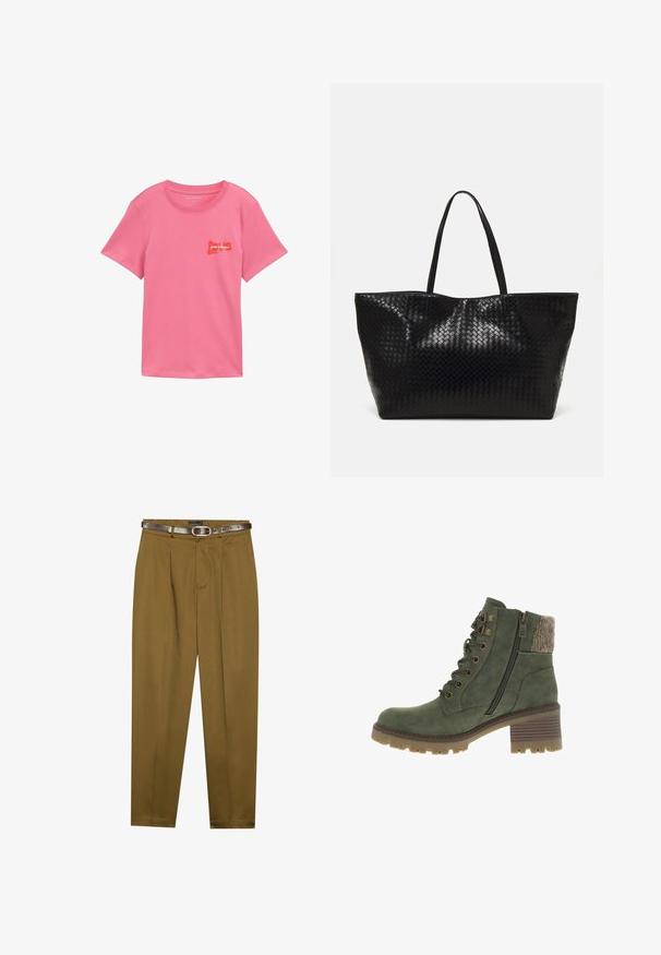 Rožinis medvilninis marškinėliai trumpomis rankovėmis. Priekyje yra raudona grafika su užrašu "pour toujours" ir "love". Klassikinė apvalia iškirpte.; Rudos, pritaikytus kelnes su klostėmis priekyje ir pritaikytu juosmeniu. Pridedamas tamsiai rudas odinis diržas su apvalia sagtimi.; Žali auliniai batai su tekstūruotu audiniu ant apykaklės, šoniniu užtrauktuku ir šnuromis priekyje. Masyvūs kulnai ir guminis padas geresniam sukibimui. Tvirta konstrukcija.; Juoda audimo pintinė su dviem tvirtais rankenomis, blizgiai apdirbta ir erdvia atvira viršuje.