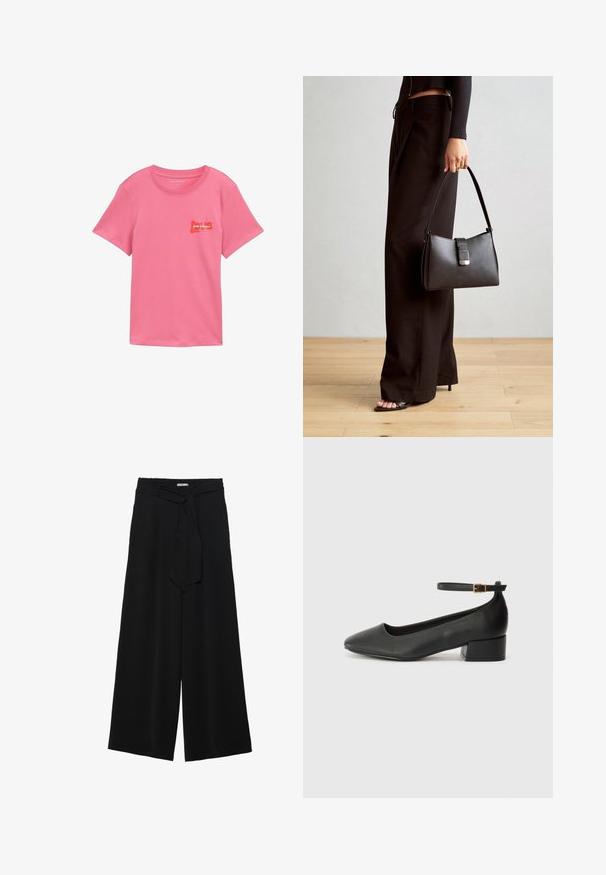 Vaaleanpunainen puuvillapaita, jossa on lyhyet hihat. Edessä on punainen graafinen kuvio, jossa lukee "pour toujours" ja "love". Klassinen pyöreä pääntie.; Mustat leveät housut, joissa on teksturoitu kangas, joustava vyötärö ja irrotettava nauha vyötäröllä säädettävää istuvuutta varten.; Mustat nahkakengät, joissa on terävä kärki ja matala lohkare korko. Varustettu nilkkahihnalla, jossa on kultasävyinen solki. Lisää sileä pinta.; Musta käsilaukku, jossa on rakenteellinen muoto, sileä pinta ja metallinen solki. Yhdistetty leveisiin mustiin housuihin ja avonaiheisiin sandaaleihin puulattialla.