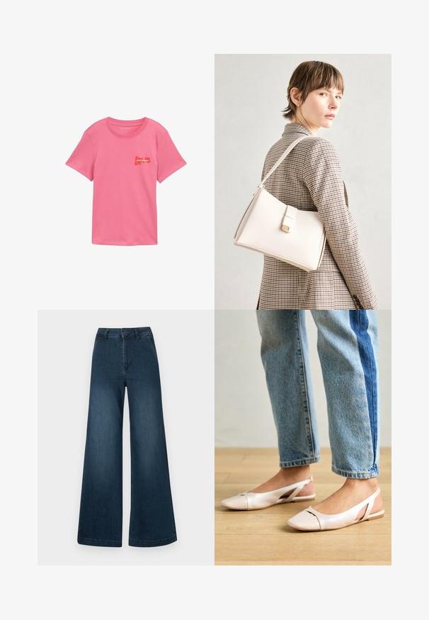 Lyserød bomulds t-shirt med korte ærmer. Har et rødt grafisk design, der står "pour toujours" og "love" på forsiden. Klassisk crew neckline.; Mørkeblå høj talje brede ben denim jeans med forlommer og bæltestropper på en hvid baggrund.; Lyserøde slingback flade sko med spidse tær, lavet af et glat læderlignende materiale. Har udskæringsdetaljer på siderne og en flad hæl.; Hvid læder håndtaske med en struktureret design, der har en magnetlukning og en skulderrem, præsenteret mod en neutral baggrund.