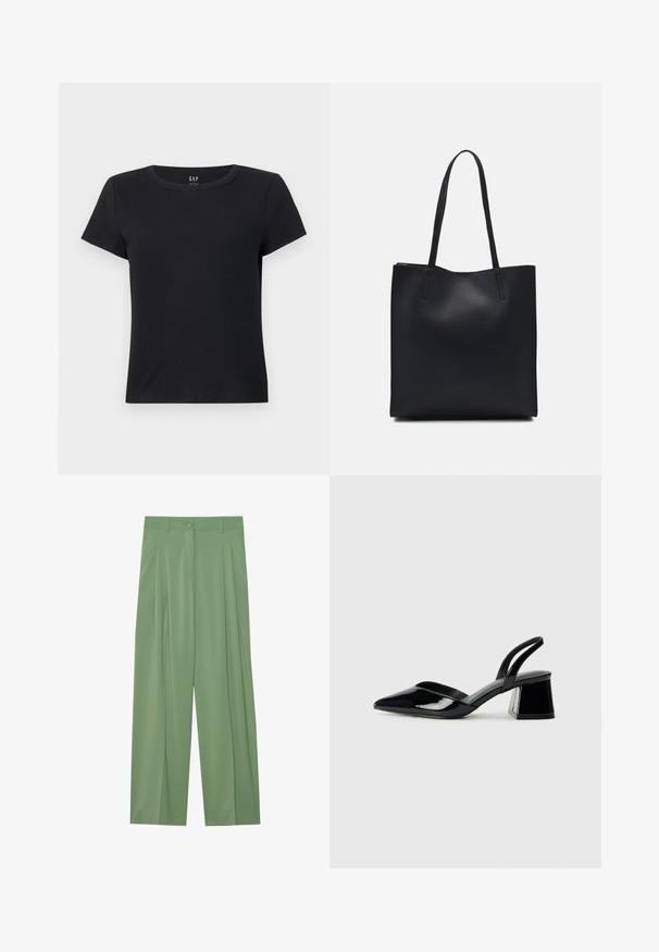 Black short-sleeve T-shirt made of ribbed fabric with a round neckline and a relaxed fit. No visible patterns or accents.; Green wide-leg trousers made of smooth fabric. Features pleats at the front, a single button closure, and belt loops.; Black patent leather slingback heels with a pointed toe and a geometric block heel. Features a sleek, minimal design and smooth texture.; Black leather tote bag with smooth texture, rectangular shape, and two long handles. No visible hardware or embellishments.