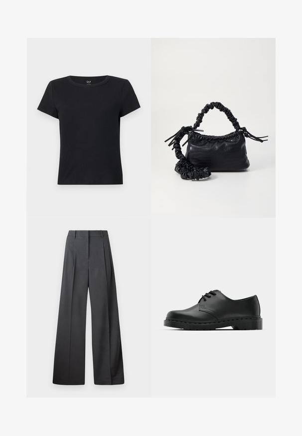 Sort kortærmet T-shirt lavet af ribbet stof med rund hals og en afslappet pasform. Ingen synlige mønstre eller accenter.; Bredde benbukser i mørkegrå stof, med høj talje, enkelte læg og en glat tekstur med en ren finish ved kanten.; Sorte læder oxford-sko med snørebåndsdesign, rund tå, flad gummisål og subtil syning langs overdelen.; Sort kunstlæder håndtaske med krokodilteksur, indsnøret top og en sammenkrøben rem. Ser blød og kompakt ud i designet.