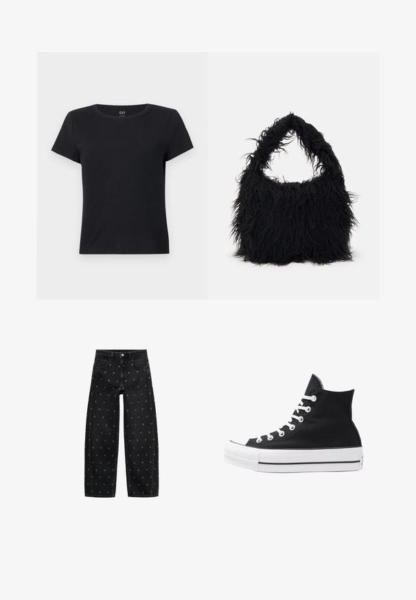 Zwarte T-shirt met korte mouwen van ribstof, voorzien van een ronde halslijn en een relaxte pasvorm. Geen zichtbare patronen of accenten.; Zwarte denim wide-leg jeans met een patroon van kleine zilveren oogjes, met een klassieke vijf-pocket design en een knoopsluiting aan de voorkant.; Hoge zwarte canvas sneaker met witte oogjes, veters en rubberen zool. Beschikt over een gestructureerde neuskap en zwart-witte streepaccenten.; Even&Odd Shopper - black