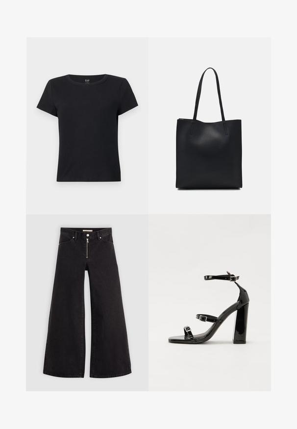 Tricou negru cu mânecă scurtă din material cu textură în relief, cu guler rotund și croială lejeră. Fără modele sau accente vizibile.; Jeans cu picioare largi din denim negru, cu fermoar în față, design cu cinci buzunare și detalii subtile de cusătură. Textură netedă și stil casual.; Sandale cu toc din patent negru, cu vârf pătrat, curele la gleznă și catarame din argint. Dispune de un toc gros pentru stabilitate.; Geantă tote neagră din piele, cu textură netedă, formă rectangulară și două mânere lungi. Fără hardware vizibil sau ornamente.