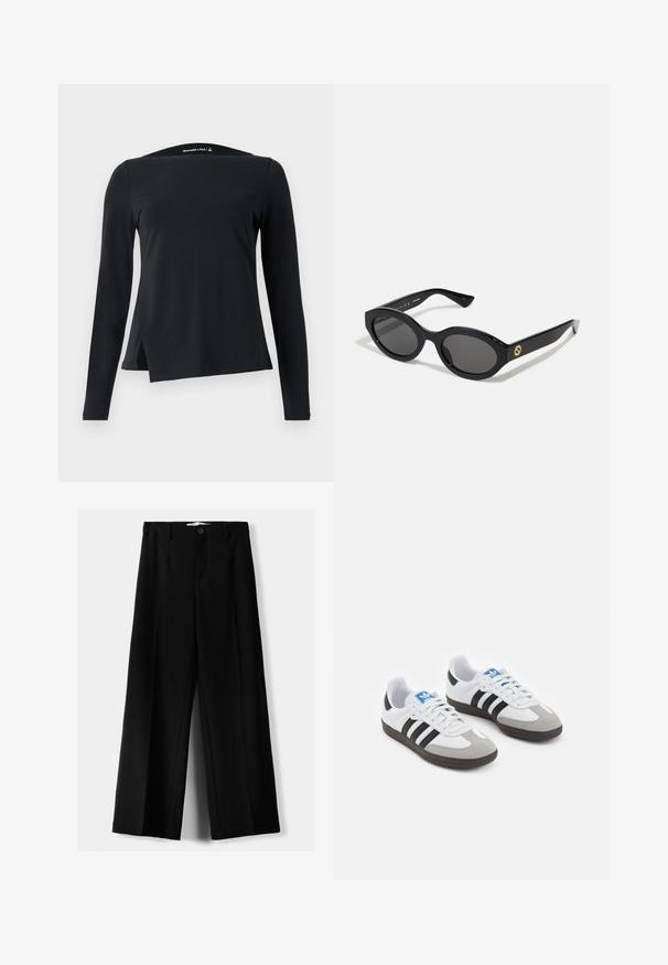 Musta pitkähihaista paitaa, joka on valmistettu sileästä kankaasta, korkea kaulus ja epäsymmetrinen helma, jossa on sivuaukot modernia muotoilua varten.; Mustat leveälahkeiset housut, jotka on valmistettu kevyestä kankaasta. Housuissa on etunappikiinnitys ja tasainen etuosa, sekä huolellisesti ommellut helmat.; Urheilukengät, joissa on valkoinen nahkainen päällinen, harmaa mokkanokka ja kolme mustaa raitaa. Ominaisuuksina sininen logo kielekkeessä ja kuvioitu kumipohja.; Mustat soikeat aurinkolasit tummilla linsseillä ja kiiltävästä muovista valmistetulla kehällä. Varustettu kullanvärisellä logolla temppeleissä, tarjoten tyylikkään ja modernin muotoilun.