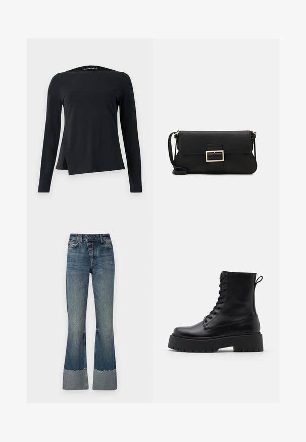 Melna garumrokas blūze, kas izgatavota no gludas auduma, ar augstu apkakli un asimetrisku apakšmalu ar sānu plaisām, piedāvājot moderno dizainu.; Denim flared bikses vidējā zilā krāsā ar augstu jostasvietu, piecām pogām un saplīsušu apakšmalu. Rūpīgi veidots, lai apakšā būtu gaišāka aproce un nodiluma faktūra.; Melni ādas potītēm zābaki ar apļveida purngalu, auklām priekšpusē un biezu gumijas zoli ar teksturētu protektoru. Velkšanas cilpa aizmugurē.; Melnas ādas saķeres soma ar atloku un zelta metāla sprādzi. Ietver melnu siksnu un elegantu, minimālistisku dizainu.; Zelta krāsas auskari gredzena formā, plāni un apaļi, ar gludu metāla apdari un bez rotājumiem vai zīmējumiem.