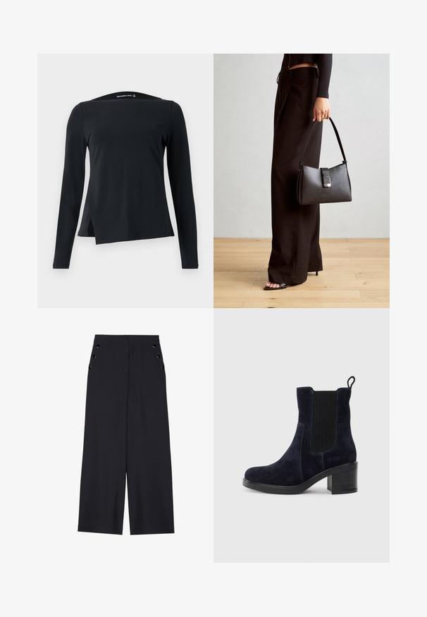 Top preto de manga longa feito de tecido suave, com um decote alto e uma barra assimétrica com fendas laterais para um design moderno.; Calças largas de tecido azul marinho escuro, com uma textura suave, pregas frontais e ilhoses decorativos em tom dourado nos bolsos laterais.; Bota de tornozelo em camurça azul-marinho com painel elástico lateral, bico redondo e salto bloco. O tecido texturizado e a sola lisa criam um contraste.; Bolsa preta com forma estruturada, textura suave e um fecho metálico. Combinada com calças largas pretas e sandálias de salto aberto sobre um chão de madeira.