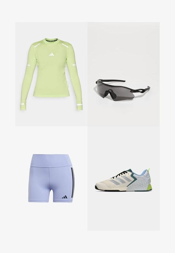 Cămașă sport cu mâneci lungi, de culoare verde deschis, cu un material texturat, accente reflectorizante pe mâneci și un mic logo alb pe piept.; Șorturi atletice purpurii deschise, cu o textură netedă, având dungi negre pe lateral și un logo pe partea stângă a piciorului.; Pantofi sport ușori, cu un superior din plasă crem, dungi gri, un accent verde și un contreplat dintr-un material texturat albastru. Șireturi negre.; Ochelari de soare sport cu un cadru complet din plastic negru, lentile întunecate și un design unghiular distinctiv. Brațe flexibile pentru confort.