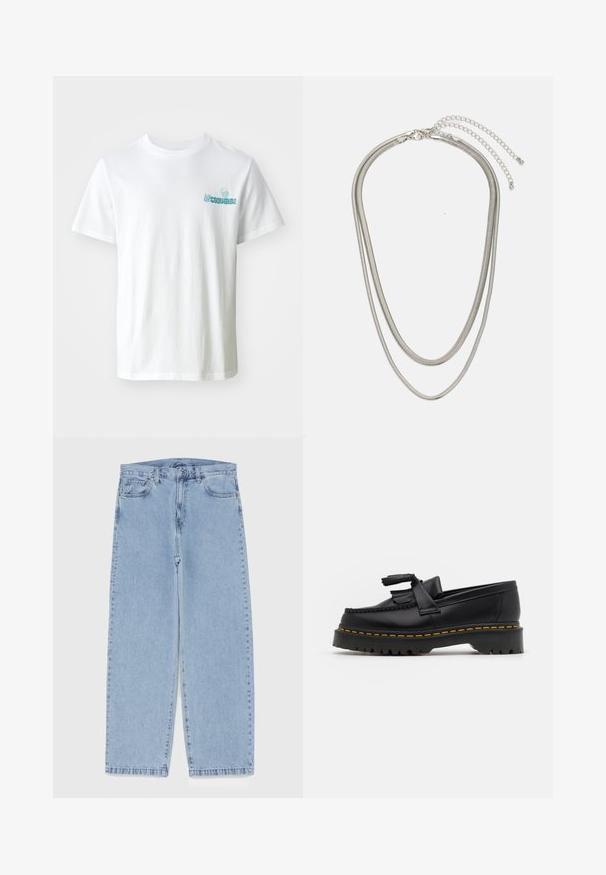 White cotton t-shirt featuring light blue embroidered "Converse" text and graphic design on the chest, with a classic crew neck and short sleeves.; Light blue denim jeans with straight leg design, featuring a mid-rise waist, five pockets, and a button and zipper closure.; Black leather loafer with a tasseled accent, featuring a chunky black sole and yellow stitching along the edge. Textured finish.; Three-layered silver metal necklace featuring sleek, flexible chains with a slight sheen, secured with a lobster clasp and adjustable chain.